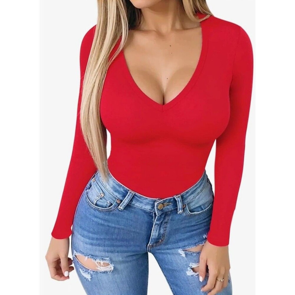 Mango Pop Red Long Sleeve V Neck Body Suit Women’s Large Romantic Mob Wife Sexy